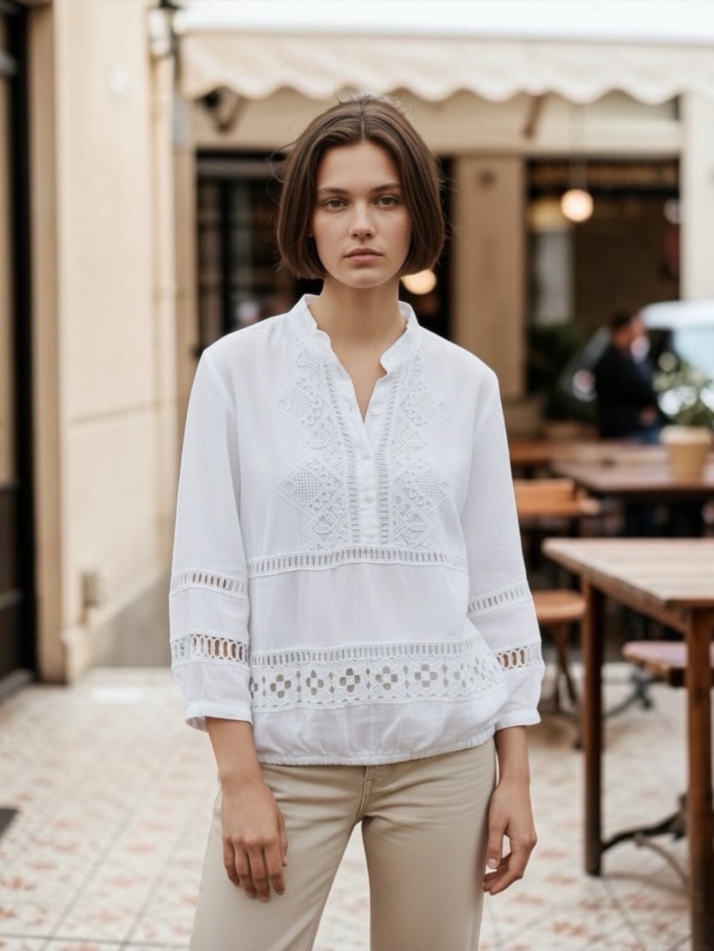Temptation Positano White Linen Lace-Trim Peasant Blouse size S
